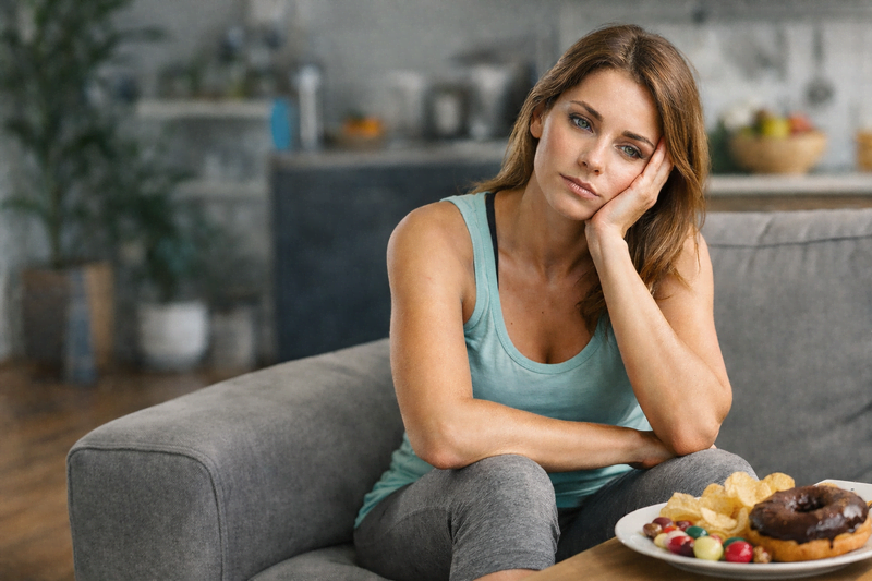 Mulher pensativa no sofá com alimentos calóricos ao lado representando ansiedade e psicologia do emagrecimento em casa