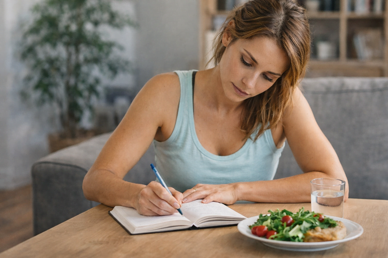 Mulher escrevendo em diário alimentar com refeição saudável à mesa representando reprogramação mental no emagrecimento em casa