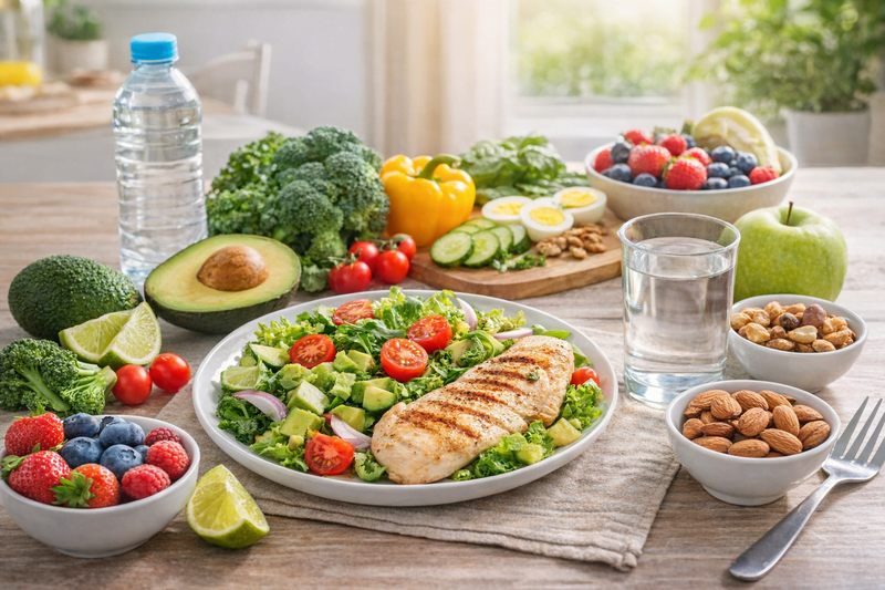 Prato com frango grelhado, salada, frutas, castanhas, água e vegetais frescos sobre a mesa, representando alimentação ideal para emagrecimento saudável.