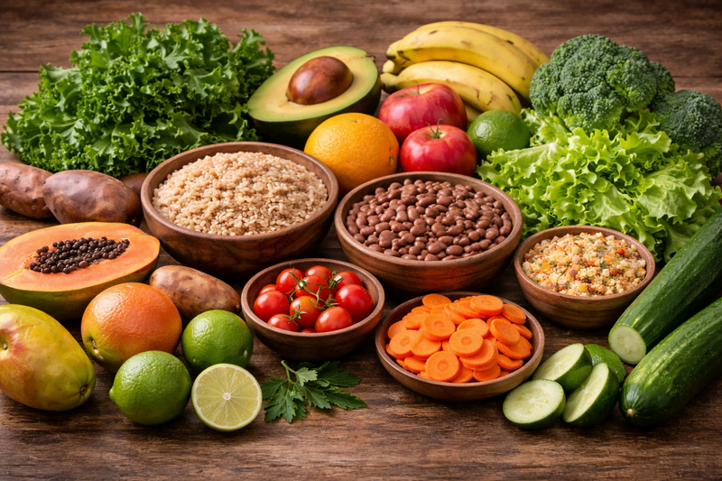 variedade de alimentos brasileiros naturais como feijão arroz integral frutas verduras e legumes usados na dieta com comida brasileira para emagrecer