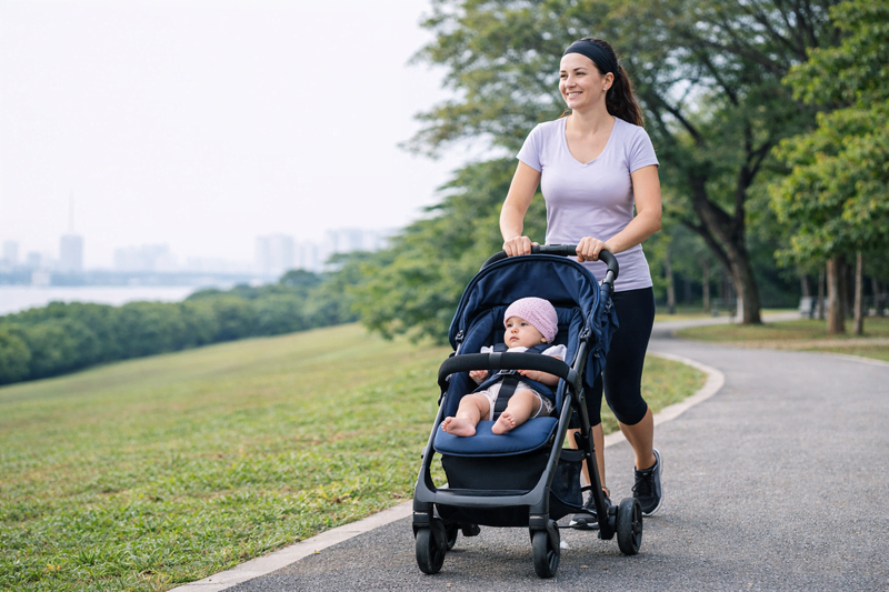 Mãe caminhando com carrinho de bebê em parque durante rotina saudável no puerpério