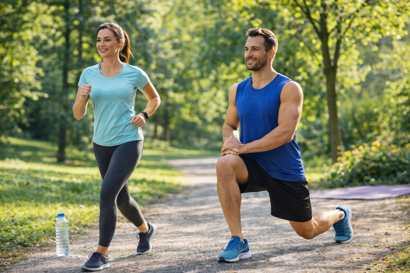 Homem e mulher praticando exercícios ao ar livre em um parque, representando atividade física como parte do emagrecimento saudável.