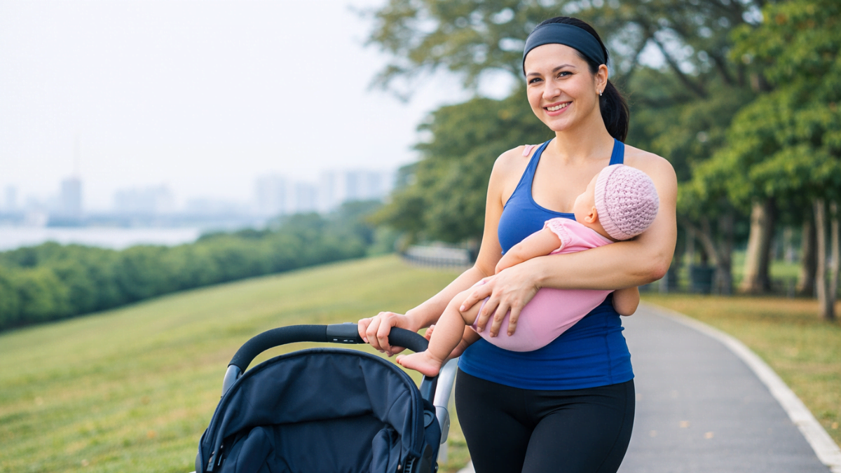 Mãe caminhando com bebê no colo durante rotina saudável após o parto