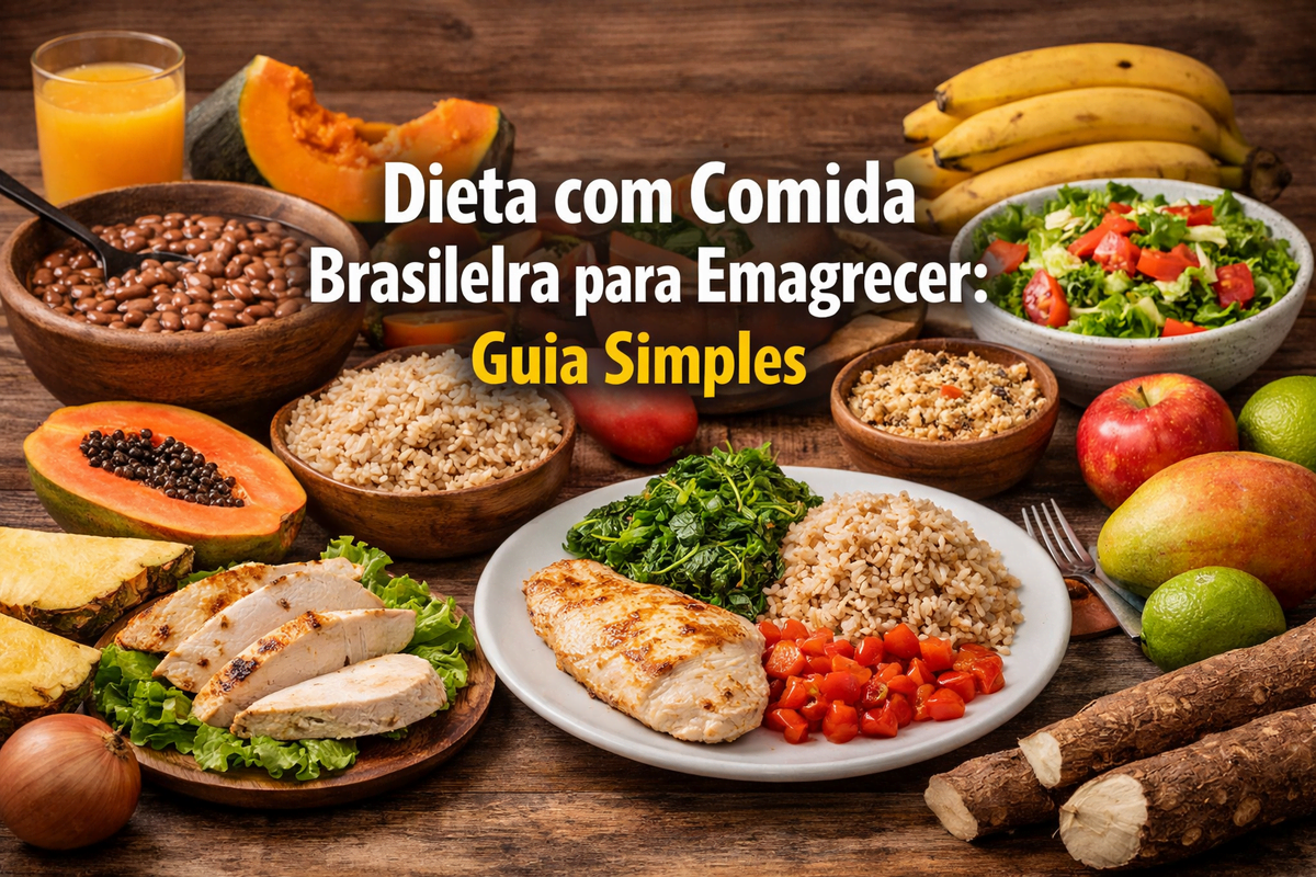 Prato com alimentos da dieta com comida brasileira para emagrecer como arroz integral, feijão, frango grelhado, couve e frutas tropicais