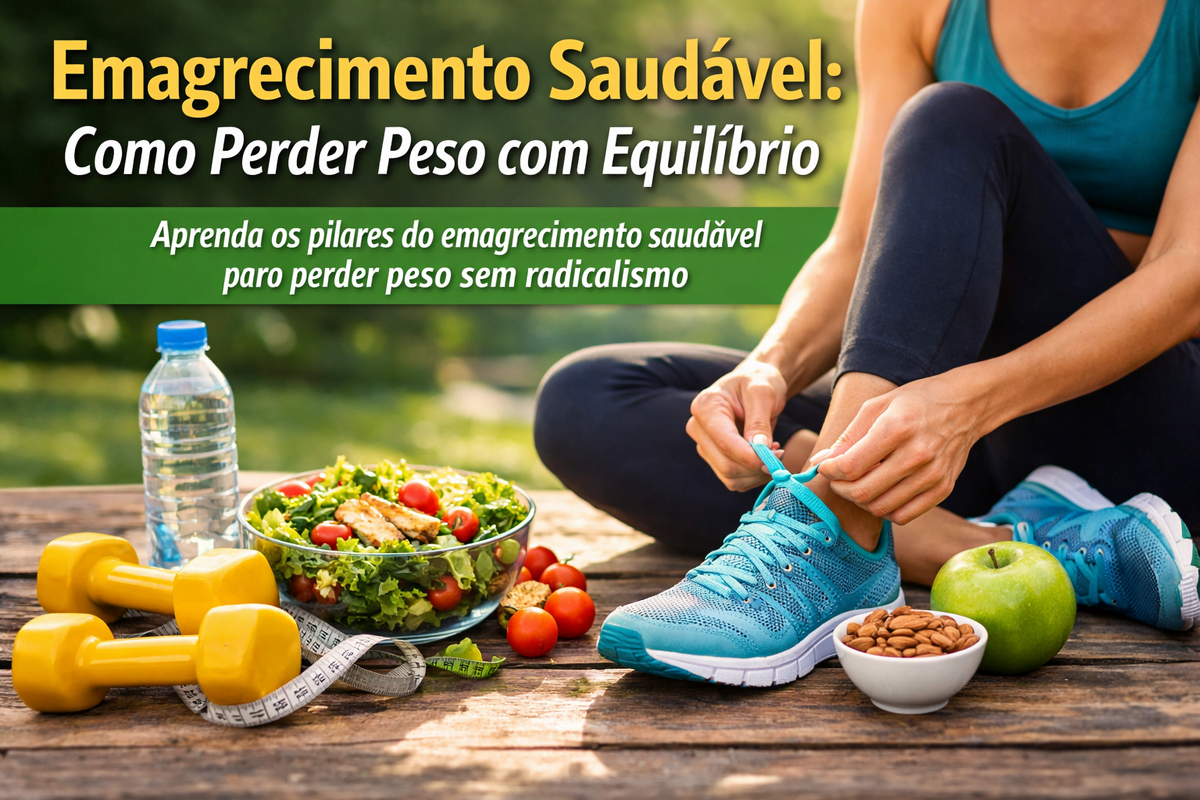 Mulher se preparando para exercício ao ar livre com tênis esportivo, halteres, garrafa de água, salada e maçã, representando emagrecimento saudável e perda de peso com equilíbrio.