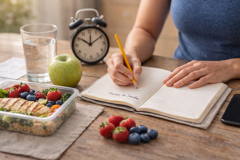 Pessoa anotando metas de saúde em um caderno ao lado de água, frutas, relógio e refeição saudável, representando hábitos diários que fortalecem o emagrecimento saudável.