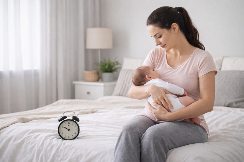 Mãe sentada na cama com o bebê no colo em ambiente calmo, representando o tempo de recuperação após o parto