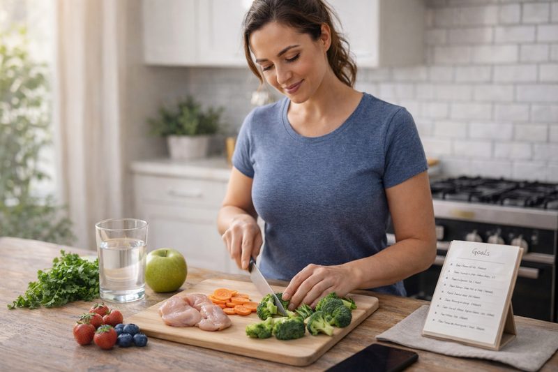 Mulher preparando alimentos saudáveis na cozinha com água, frutas e vegetais, representando um plano simples para começar hoje o emagrecimento saudável.