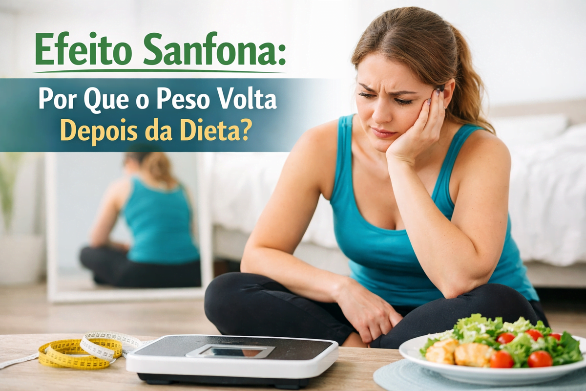 mulher preocupada olhando para a balança após recuperar o peso depois da dieta representando o efeito sanfona