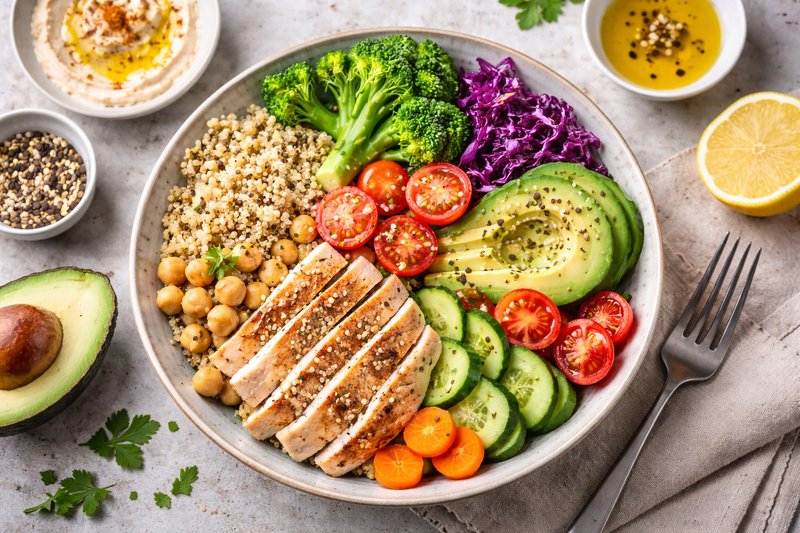 prato saudável com frango grelhado, quinoa, abacate e vegetais para dieta equilibrada