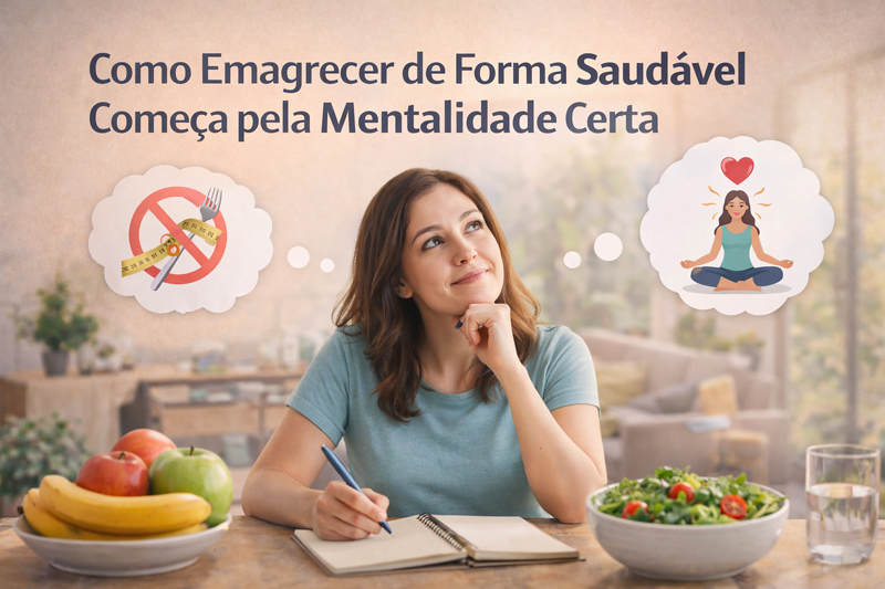 mulher planejando emagrecimento saudável com foco em mentalidade certa alimentação equilibrada e bem-estar