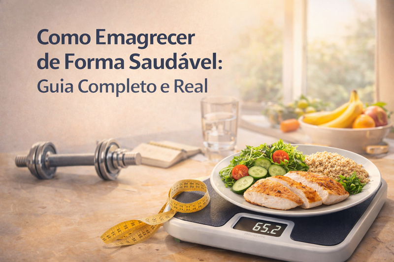 prato saudável com frango legumes e balança representando emagrecimento saudável sem dieta restritiva