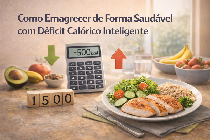 prato equilibrado com frango legumes e calculadora mostrando deficit calorico para emagrecimento saudavel