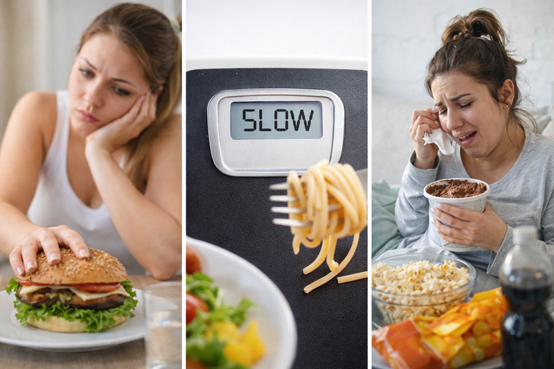 mulher olhando para hambúrguer após dieta restritiva representando desejo por alimentos calóricos