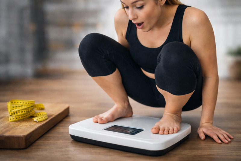 pessoa verificando peso na balança durante processo de emagrecimento saudável