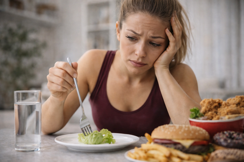 mulher frustrada olhando prato com pouca comida enquanto alimentos calóricos aparecem ao lado
