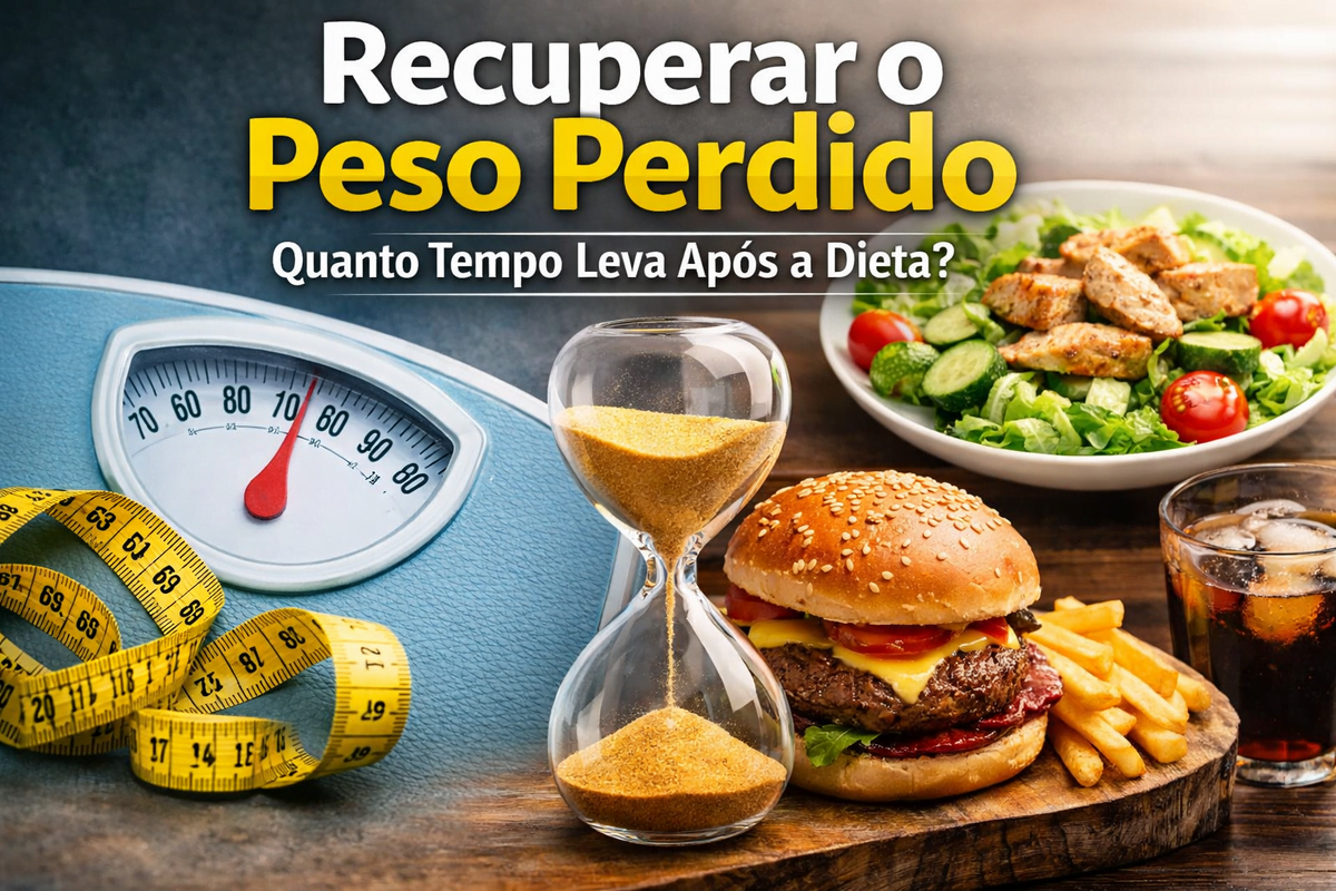 balança com fita métrica e alimentos saudáveis e calóricos representando recuperar o peso perdido após dieta