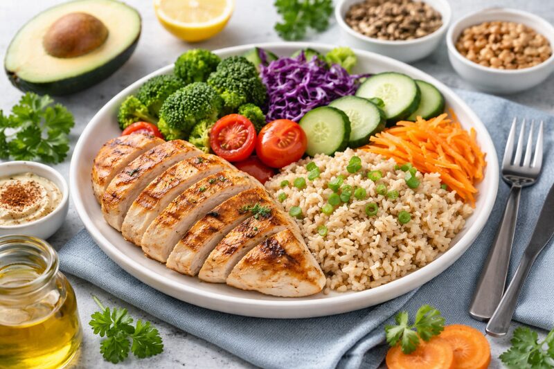 Prato equilibrado com vegetais proteínas e carboidratos ideal para como eliminar 50 kg sem neura