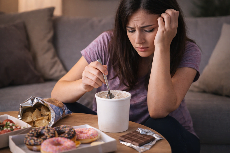 Pessoa comendo por ansiedade representando comportamento alimentar emocional