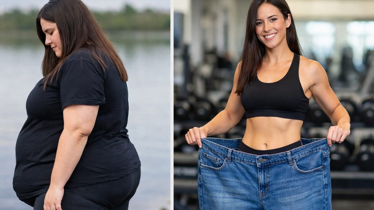 Mulher mostrando transformação corporal em imagem de antes e depois sobre como eliminar 50 kg sem neura
