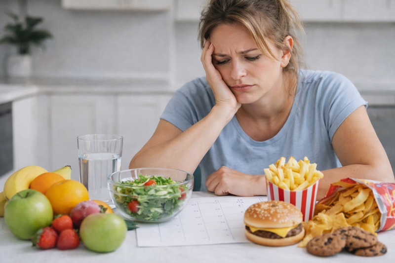 Pessoa em dúvida entre alimentos saudáveis e fast food representando erros no plano de emagrecimento