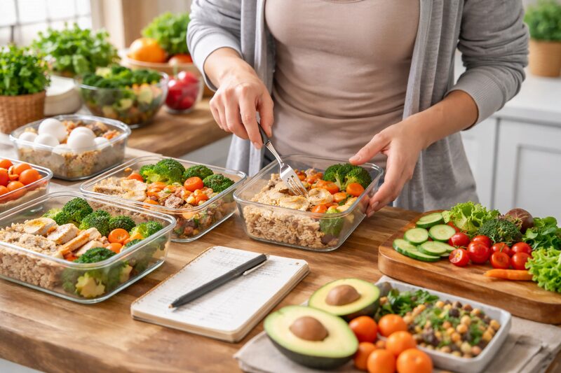 Pessoa organizando refeições saudáveis para manter hábitos de emagrecimento