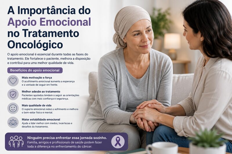 Paciente com câncer recebendo apoio emocional durante tratamento oncológico