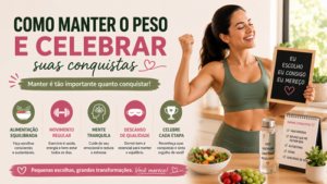 Mulher feliz celebrando resultados do emagrecimento saudável enquanto mantém hábitos equilibrados e rotina saudável.