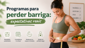 Mulher medindo a cintura em ambiente claro e saudável, representando expectativas reais em programas para perder barriga.