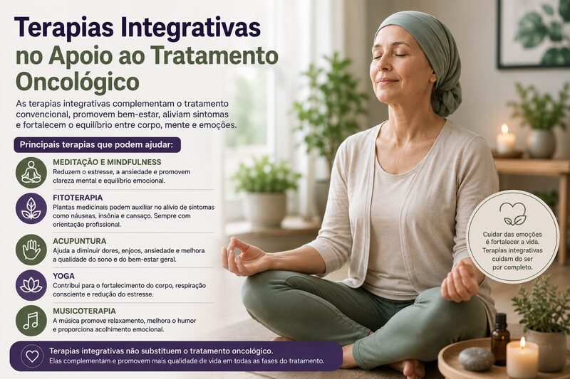 Paciente praticando meditação durante terapias integrativas no tratamento oncológico
