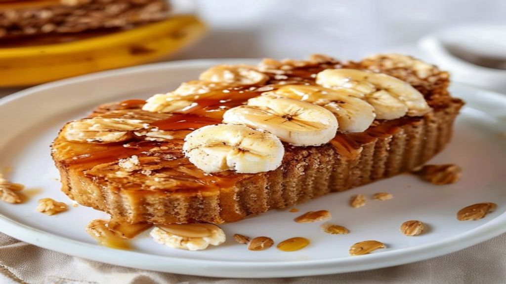 bolo de banana fitness com aveia e mel em prato branco, textura dourada e úmida