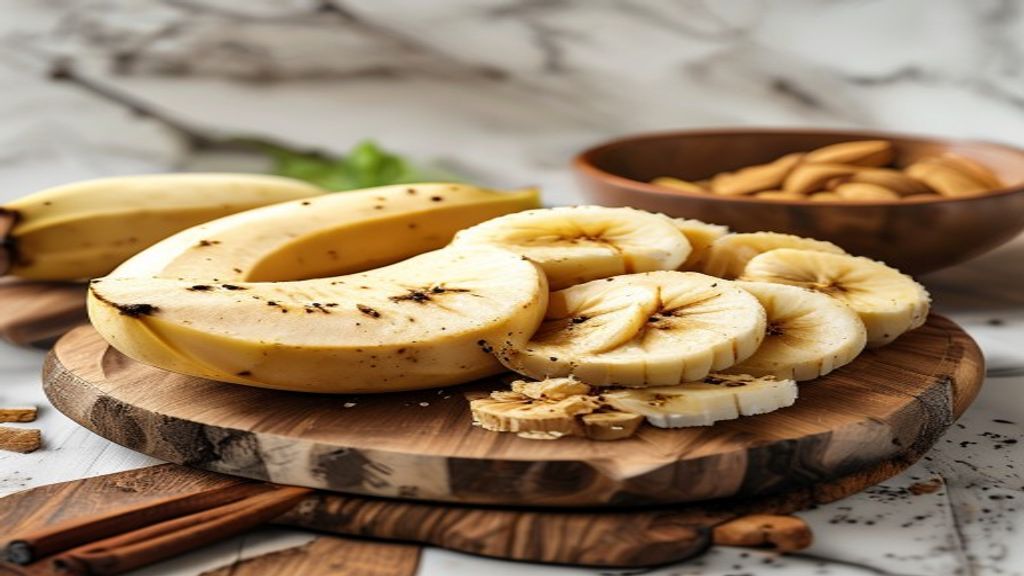 Bolo de banana fitness fatiado sobre tábua de madeira com bananas maduras e canela ao fundo