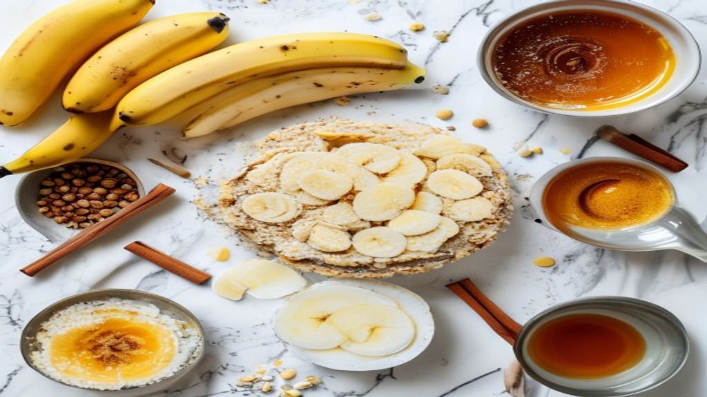 Ingredientes naturais do bolo de banana fitness: bananas, aveia, ovos, mel e canela